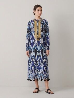 Figue Ikat Blue  Long Sleeve Kaftan Dress with Gold Trim Small